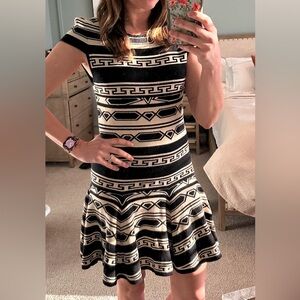 Alice + Olivia Black and Oatmeal Geometric Fit-and-Flare Mini Dress